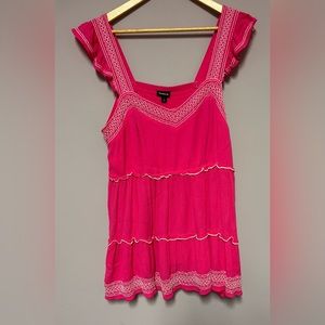 TORRID Plus Size Women’s 1 Hot Pink Babydoll Embroidery Tiered Sleeveless Blouse